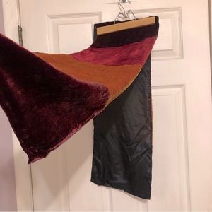 SEGALINI ITALY Striped Two-sided Velvet/ Smooth Silk Scarf Bordeaux Orange Black